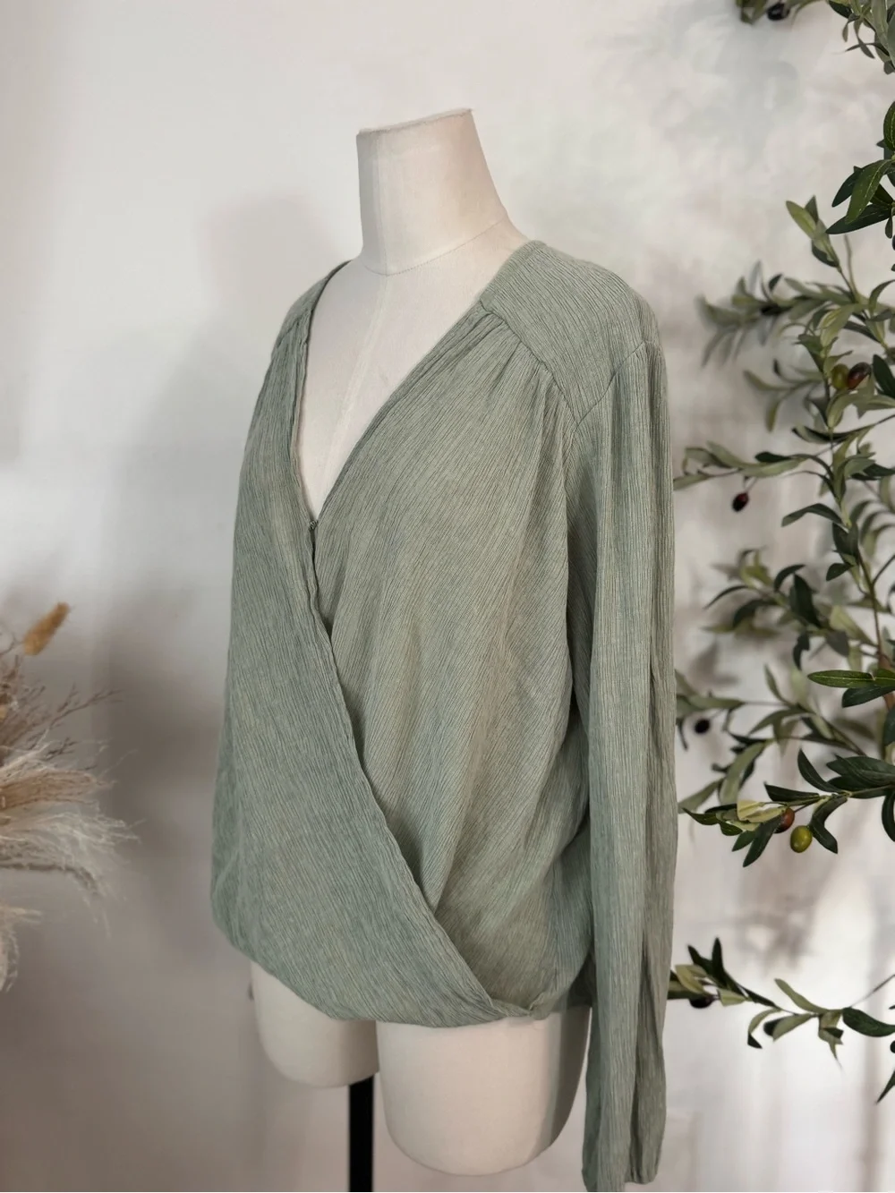 Free People Large Sage Green Surplice Wrap Blouse Boho Textured Long Sleeve
